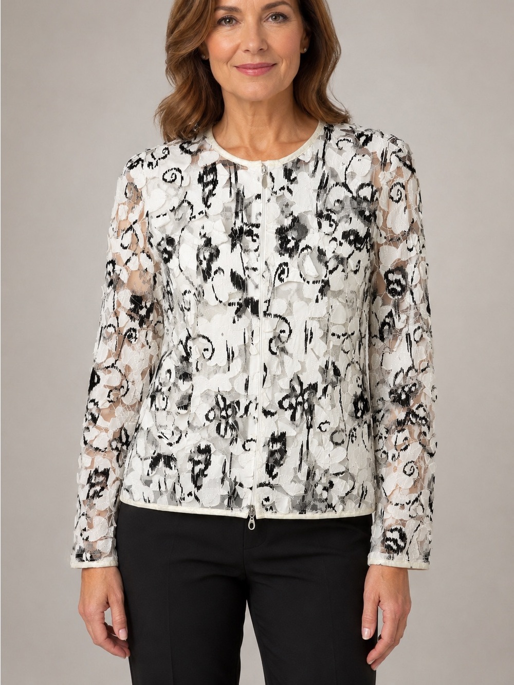 Joseph Ribkoff Floral Appliqué Mesh Zip Jacket Black White Size 10 Semi Sheer
